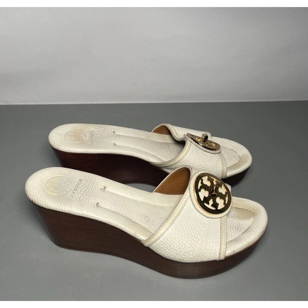 Tory Burch Women's White Leather Slide Wedge Sandals Gold Logo Slip-On US 10.5M